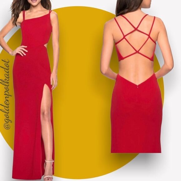 LA Femme Red Romance Asymmetric-Neck Sleeveless Strappy Prom Gown NWT Sz 2 - Picture 1 of 15